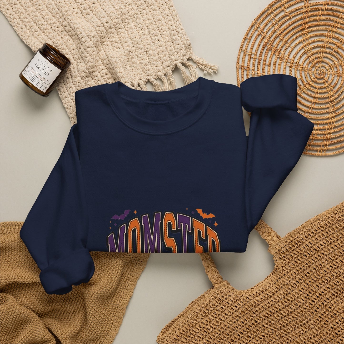 Momster Halloween Crewneck | spooky lettering, bats, purple orange
