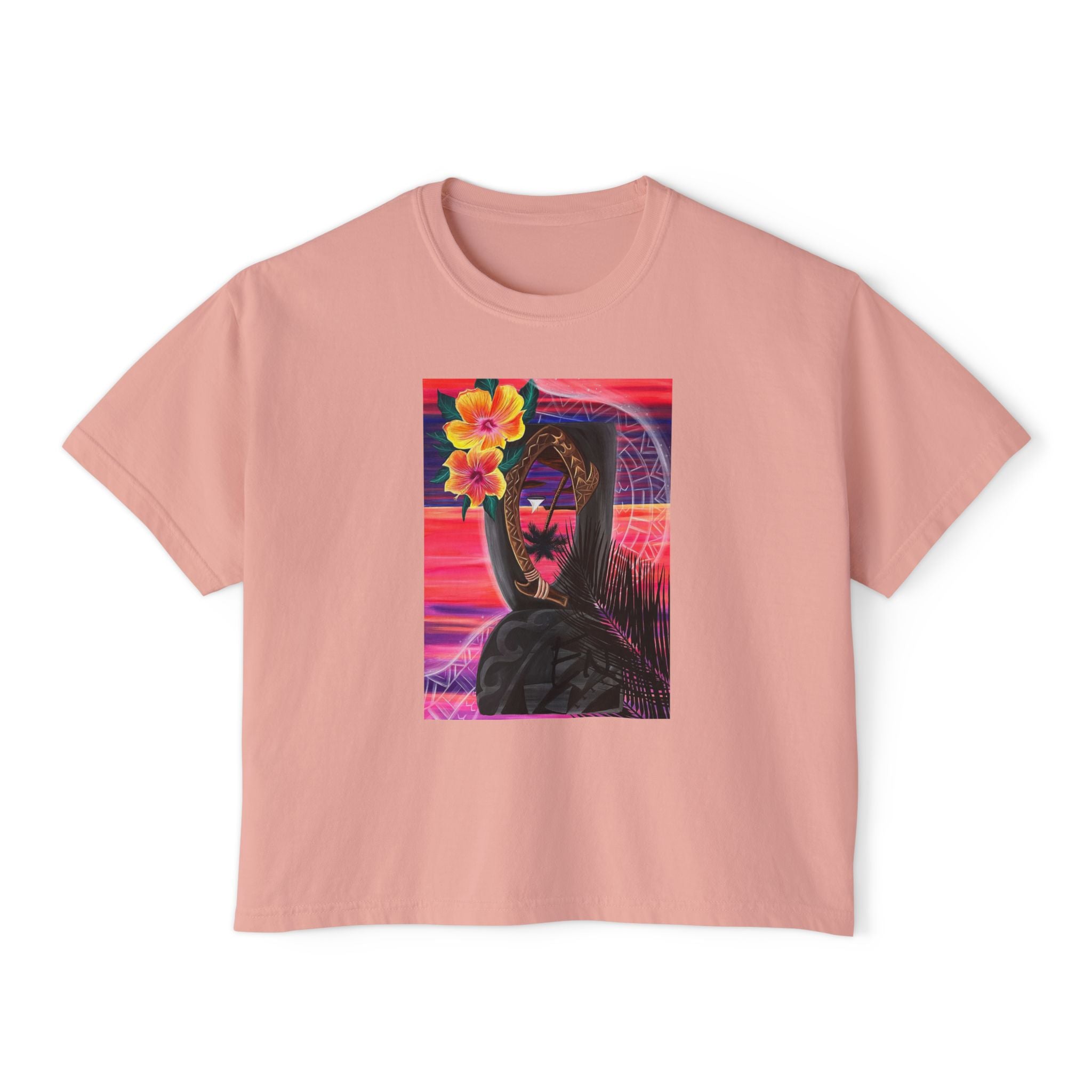 Island Roots Co. Floral Surfer Graphic Tee — Tropical Sunset Women’s Boxy T-Shirt