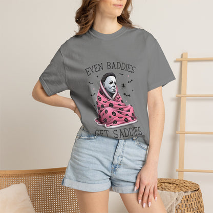Even Baddies Get Saddies Tee — Sad Michael Myers Halloween Graphic T-Shirt