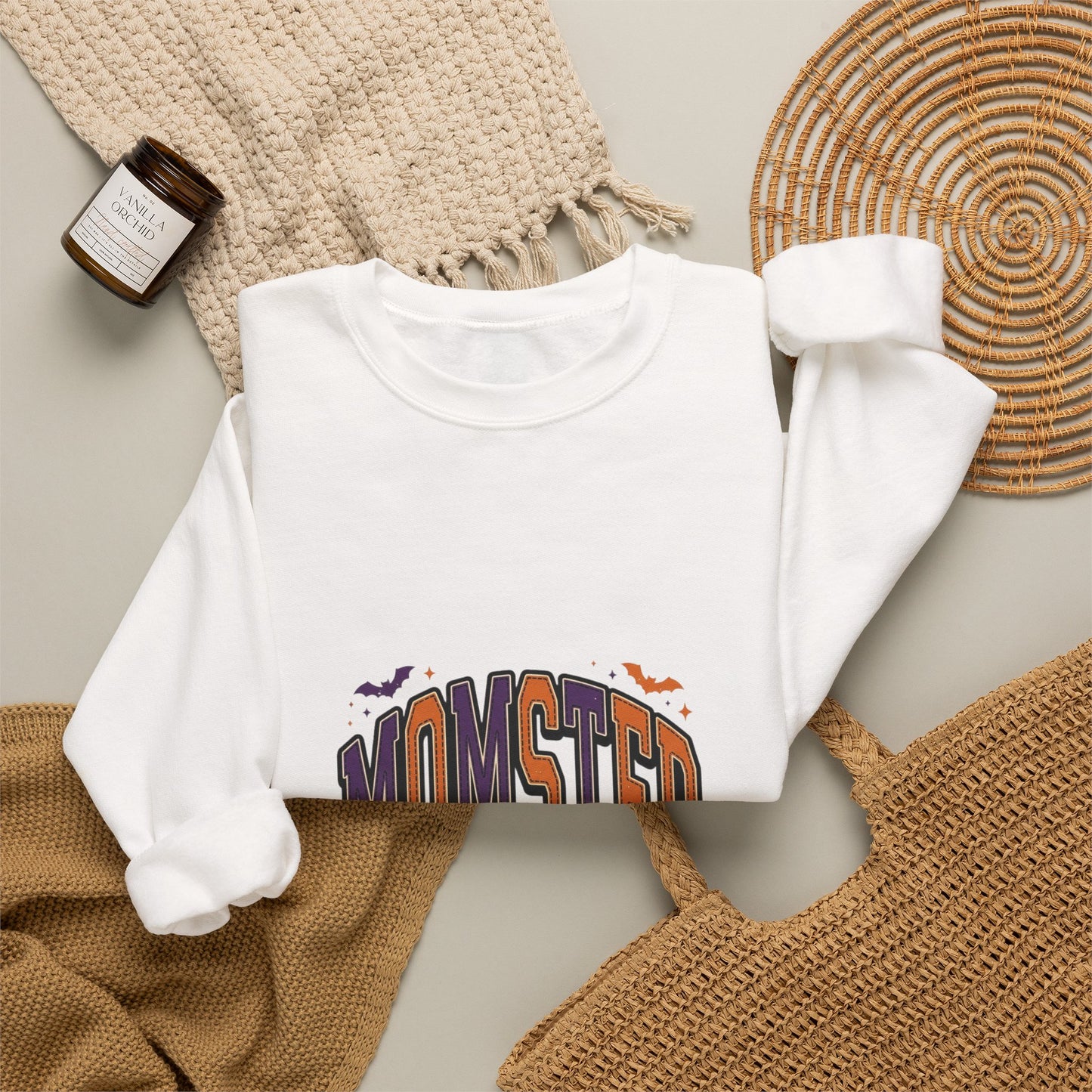 Momster Halloween Crewneck | spooky lettering, bats, purple orange