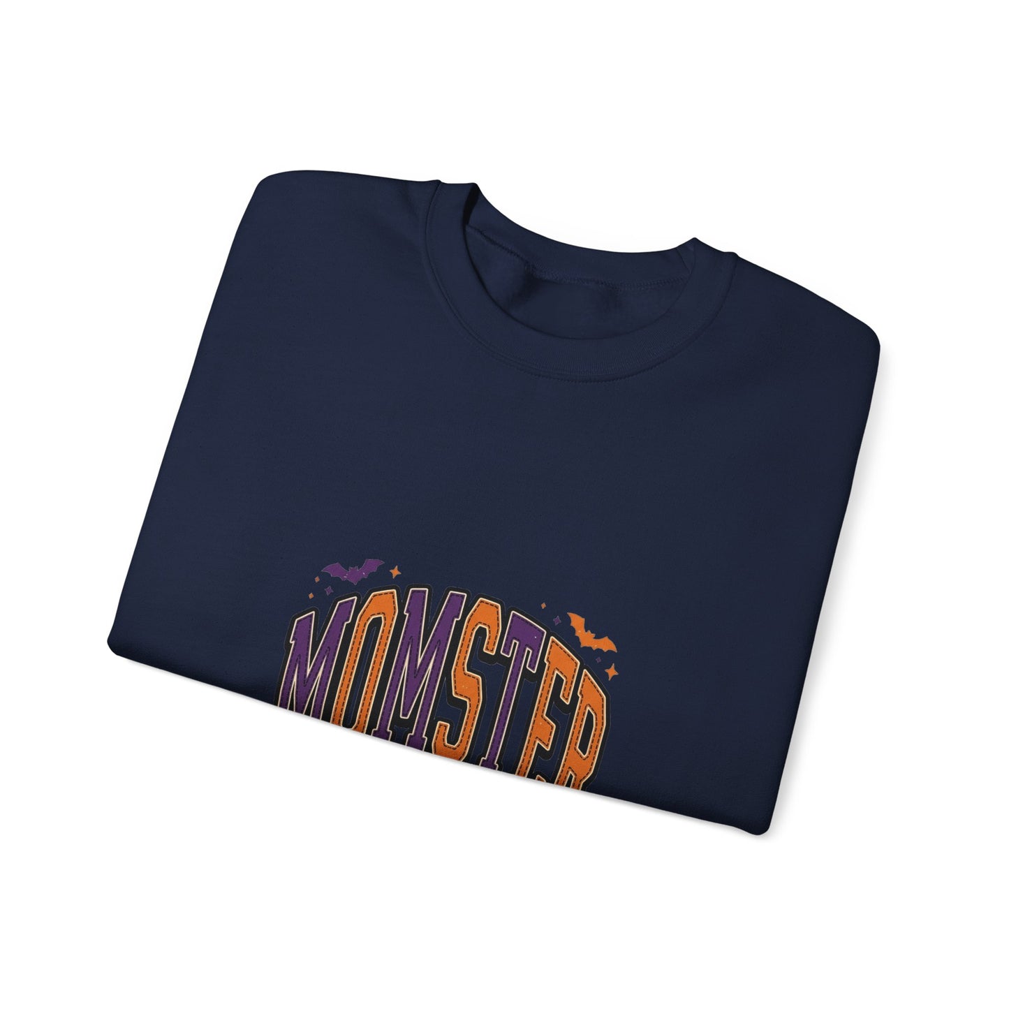 Momster Halloween Crewneck | spooky lettering, bats, purple orange
