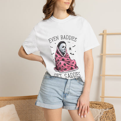 Even Baddies Get Saddies Tee — Sad Michael Myers Halloween Graphic T-Shirt
