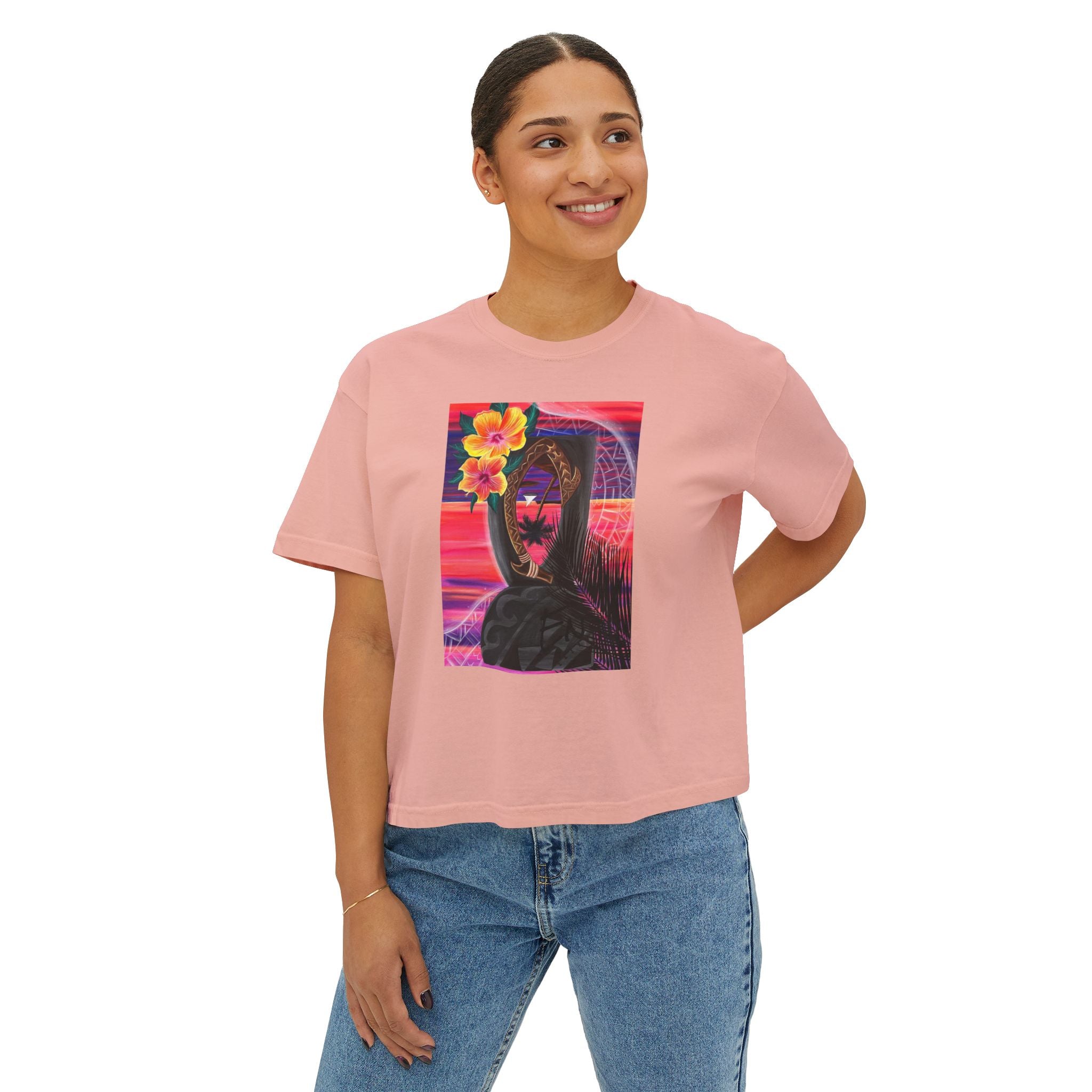 Island Roots Co. Floral Surfer Graphic Tee — Tropical Sunset Women’s Boxy T-Shirt
