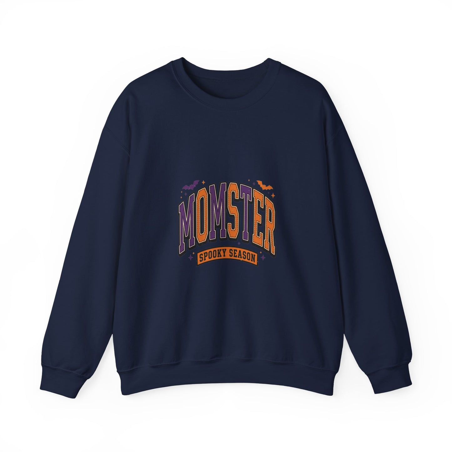 Momster Halloween Crewneck | spooky lettering, bats, purple orange
