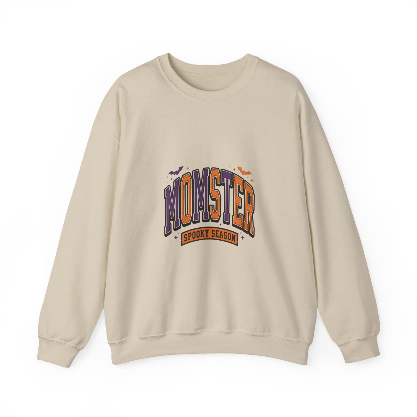 Momster Halloween Crewneck | spooky lettering, bats, purple orange