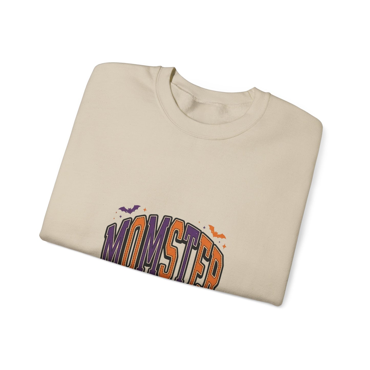 Momster Halloween Crewneck | spooky lettering, bats, purple orange