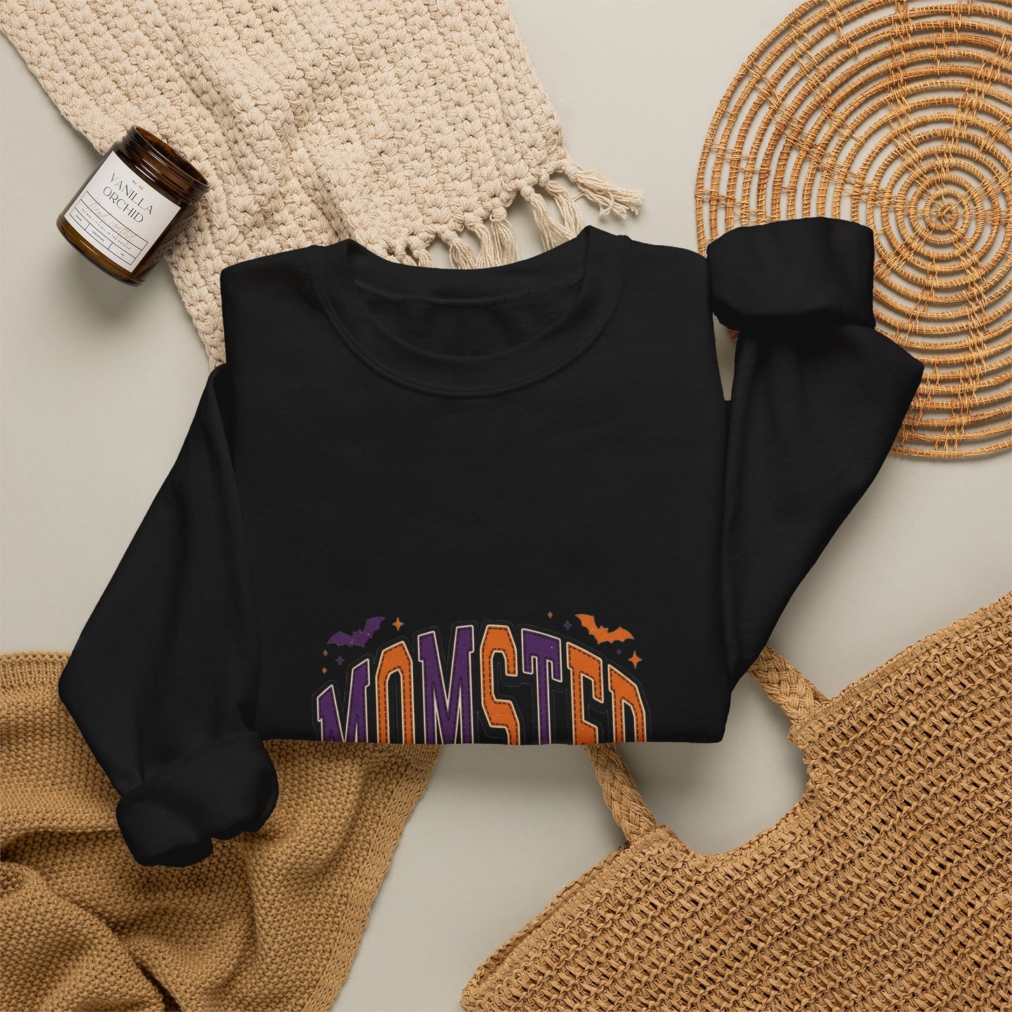 Momster Halloween Crewneck | spooky lettering, bats, purple orange