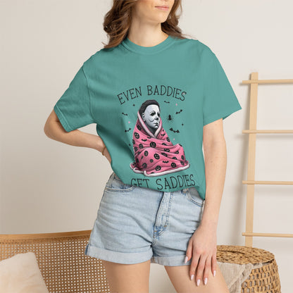 Even Baddies Get Saddies Tee — Sad Michael Myers Halloween Graphic T-Shirt