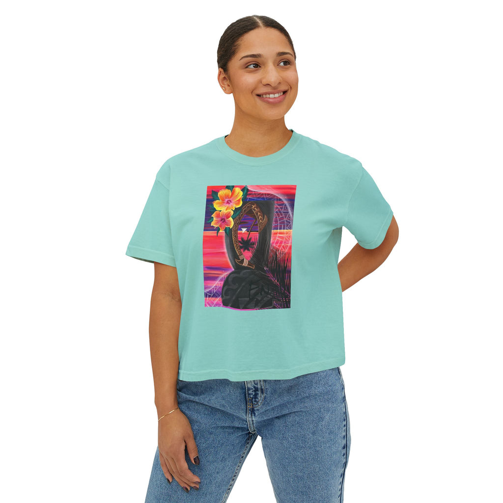 Island Roots Co. Floral Surfer Graphic Tee — Tropical Sunset Women’s Boxy T-Shirt