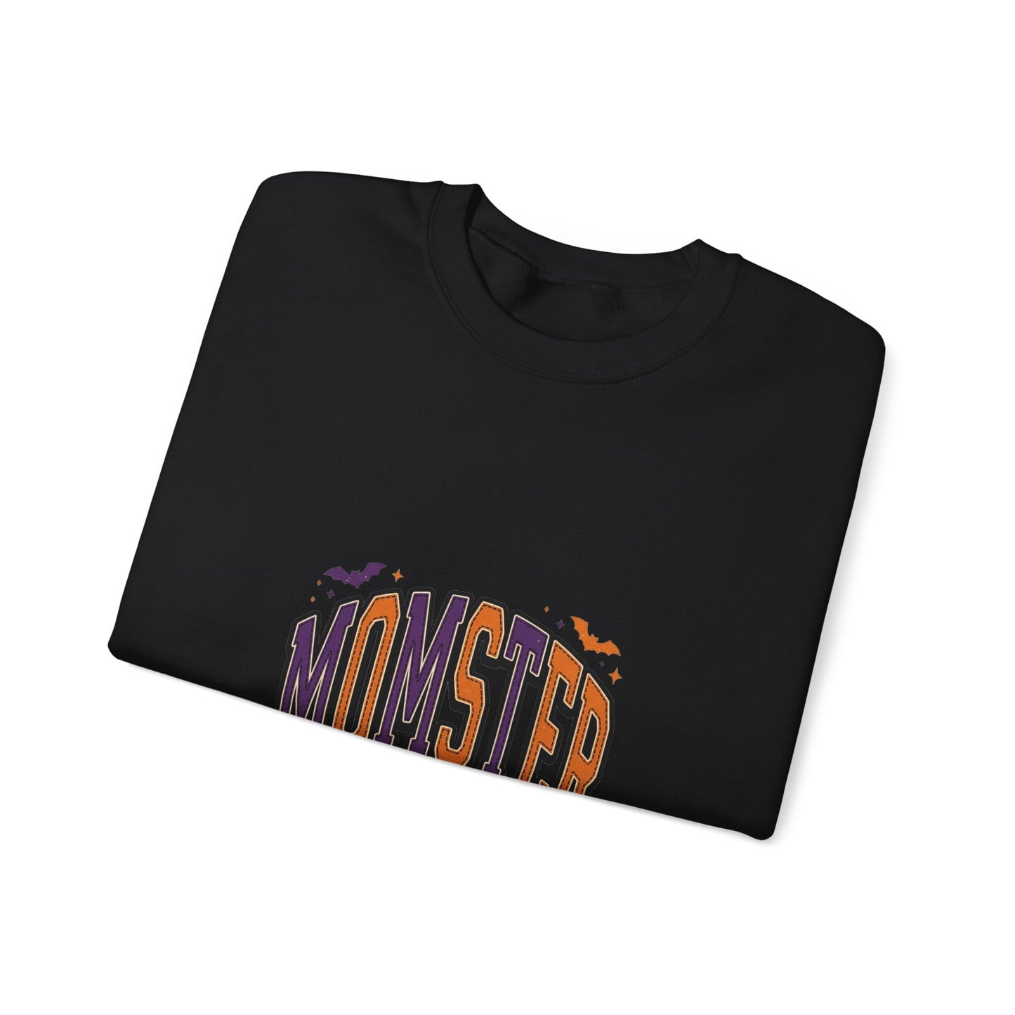 Momster Halloween Crewneck | spooky lettering, bats, purple orange