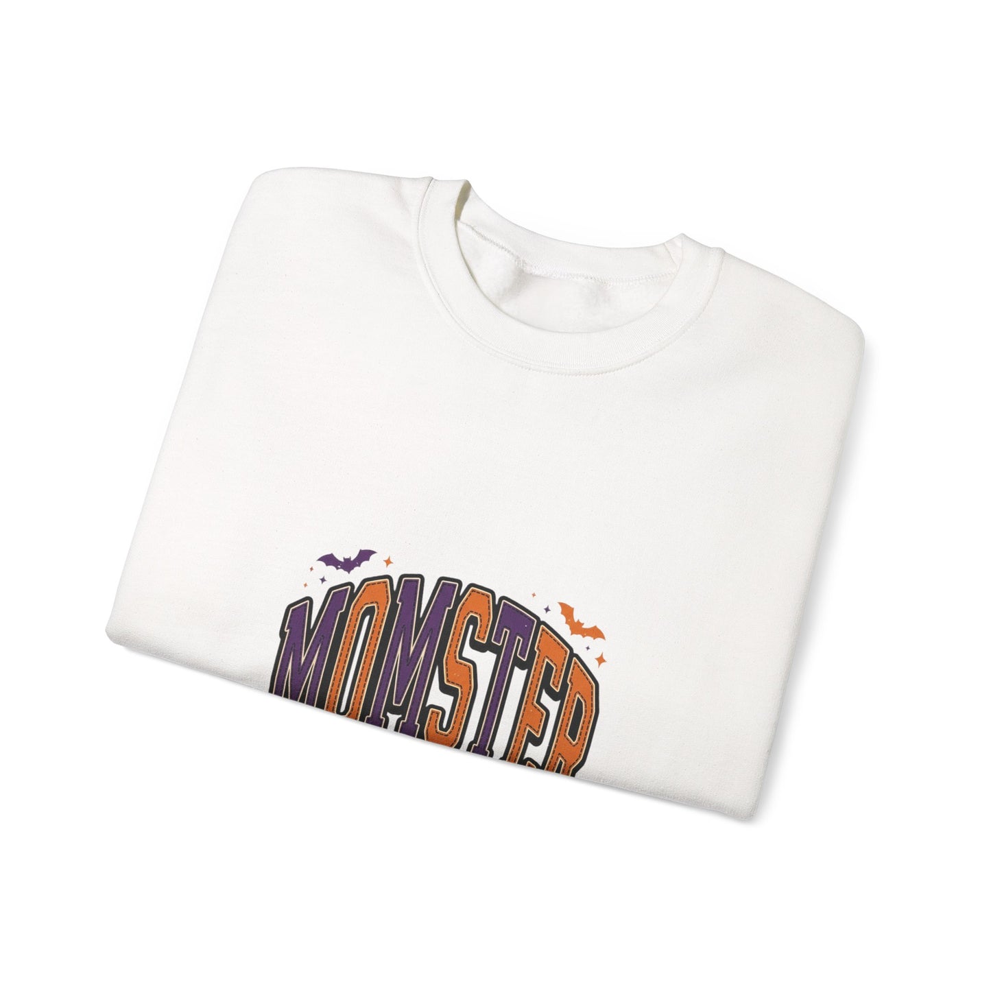 Momster Halloween Crewneck | spooky lettering, bats, purple orange