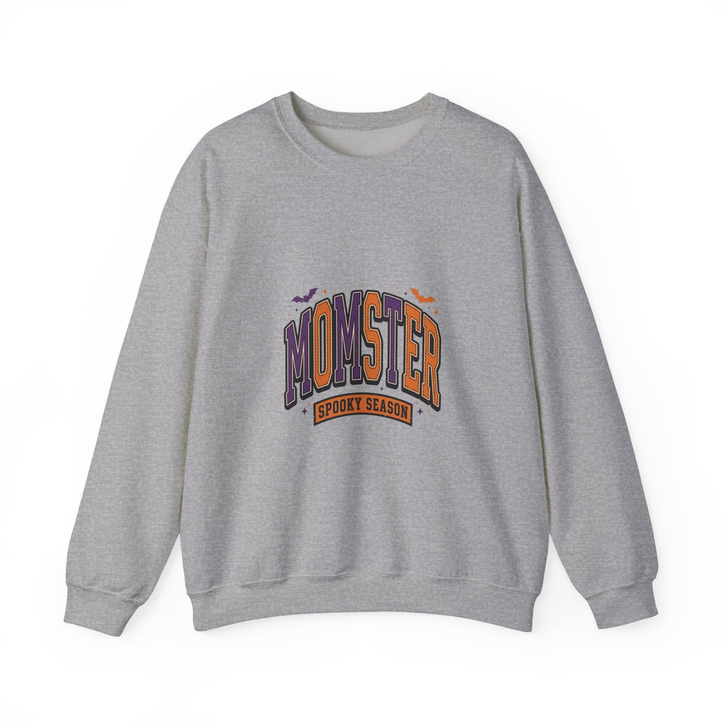 Momster Halloween Crewneck | spooky lettering, bats, purple orange