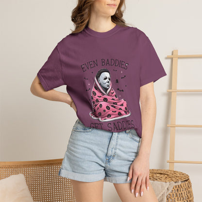 Even Baddies Get Saddies Tee — Sad Michael Myers Halloween Graphic T-Shirt