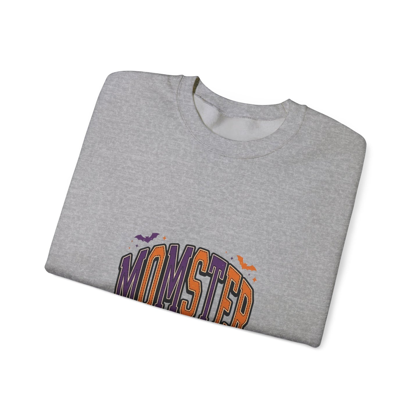 Momster Halloween Crewneck | spooky lettering, bats, purple orange