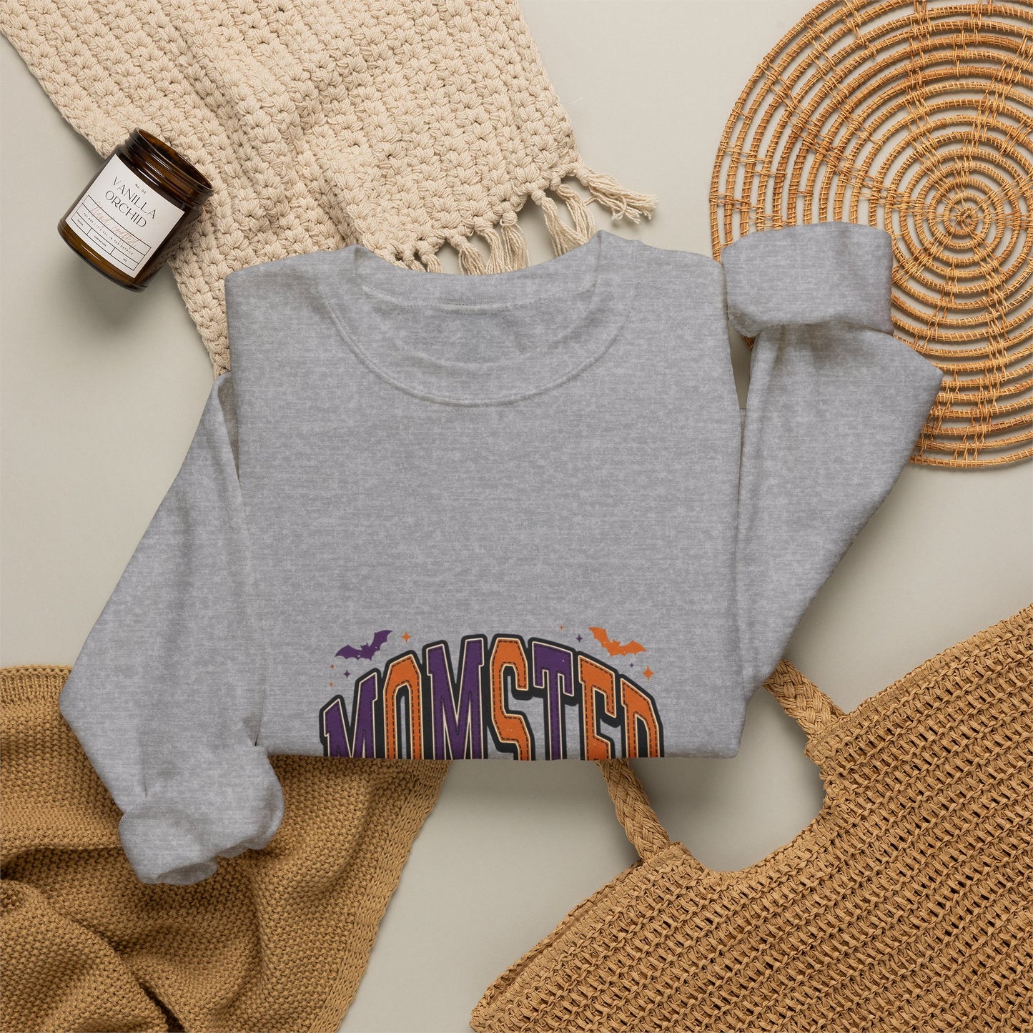 Momster Halloween Crewneck | spooky lettering, bats, purple orange