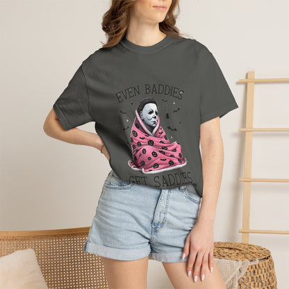 Even Baddies Get Saddies Tee — Sad Michael Myers Halloween Graphic T-Shirt