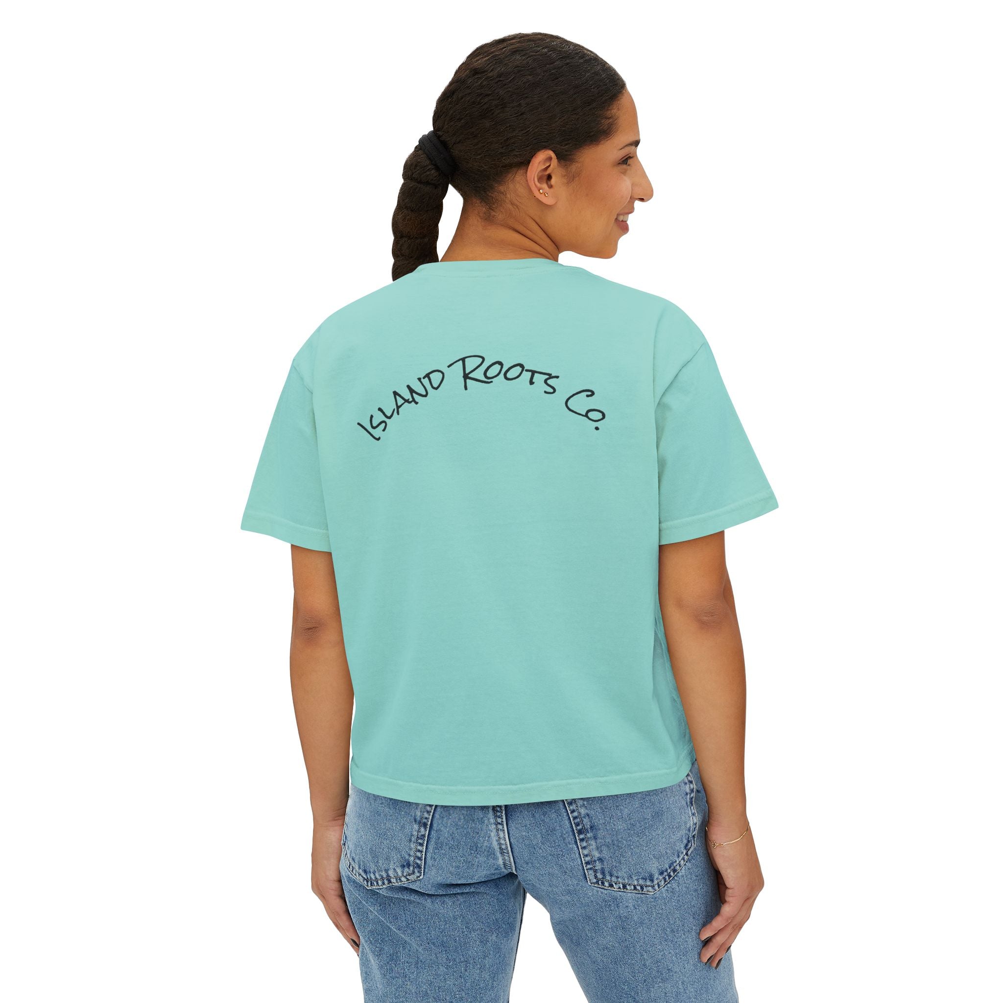 Island Roots Co. Floral Surfer Graphic Tee — Tropical Sunset Women’s Boxy T-Shirt