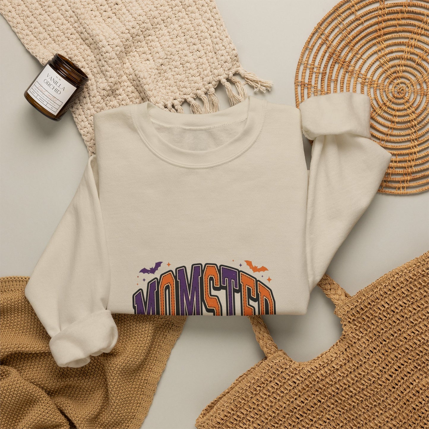 Momster Halloween Crewneck | spooky lettering, bats, purple orange