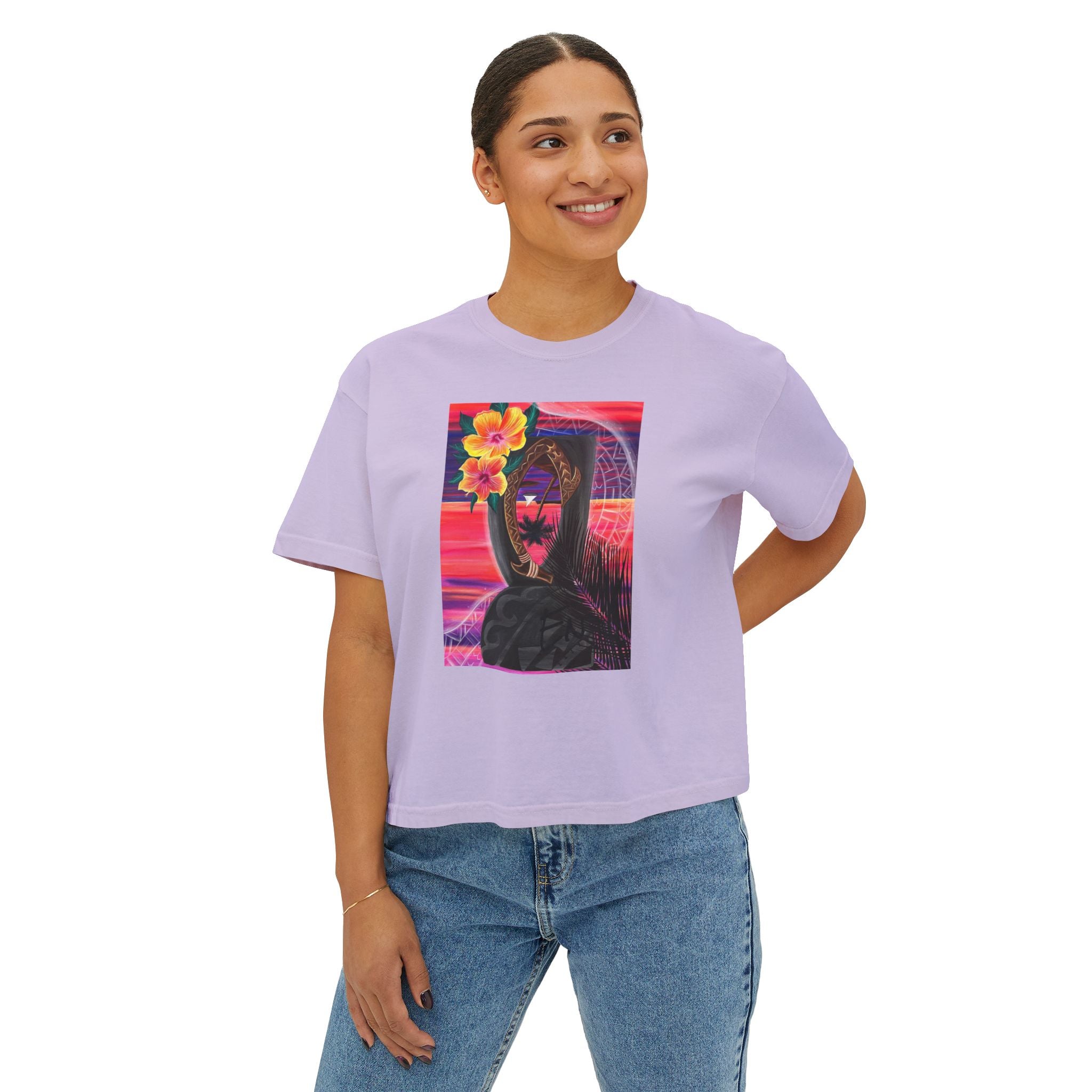 Island Roots Co. Floral Surfer Graphic Tee — Tropical Sunset Women’s Boxy T-Shirt