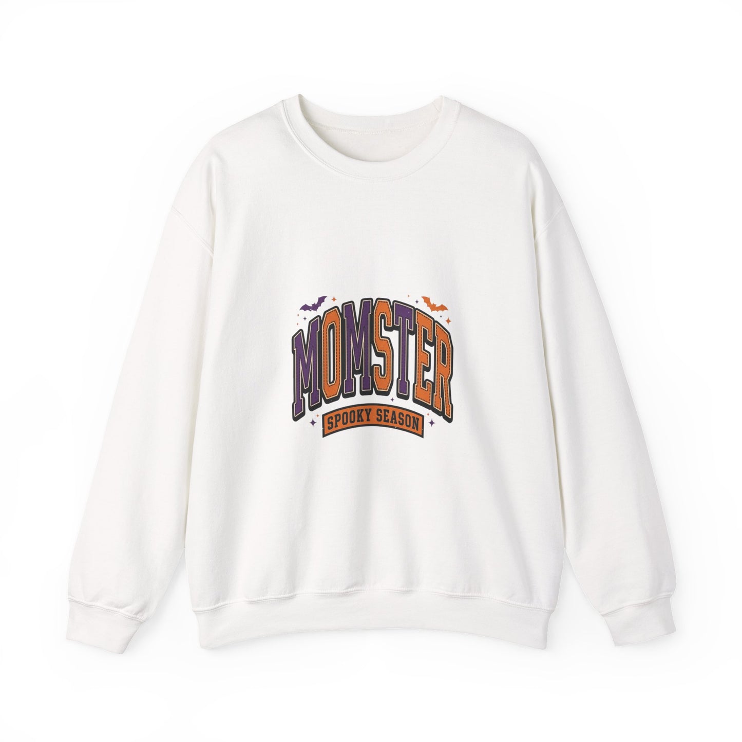 Momster Halloween Crewneck | spooky lettering, bats, purple orange