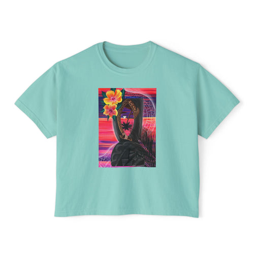 Island Roots Co. Floral Surfer Graphic Tee — Tropical Sunset Women’s Boxy T-Shirt