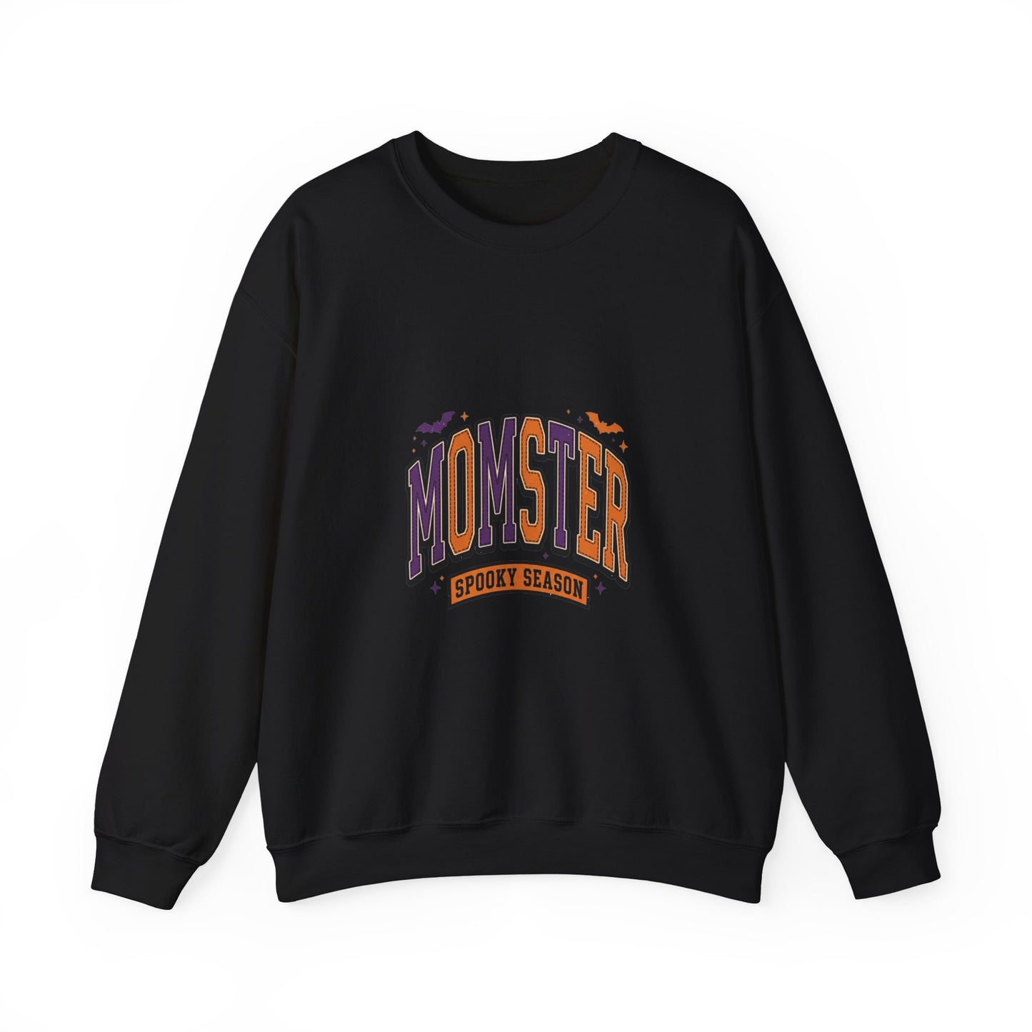 Momster Halloween Crewneck | spooky lettering, bats, purple orange