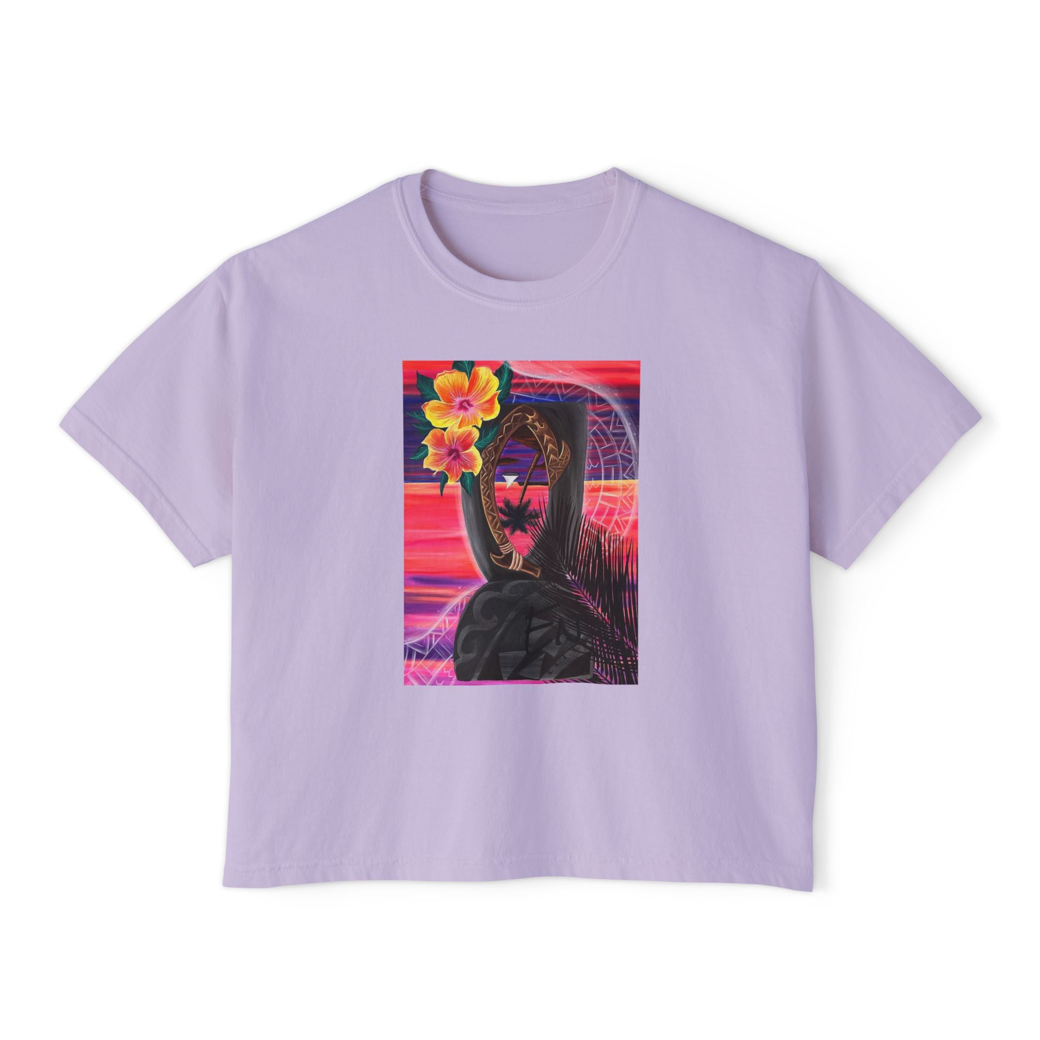 Island Roots Co. Floral Surfer Graphic Tee — Tropical Sunset Women’s Boxy T-Shirt