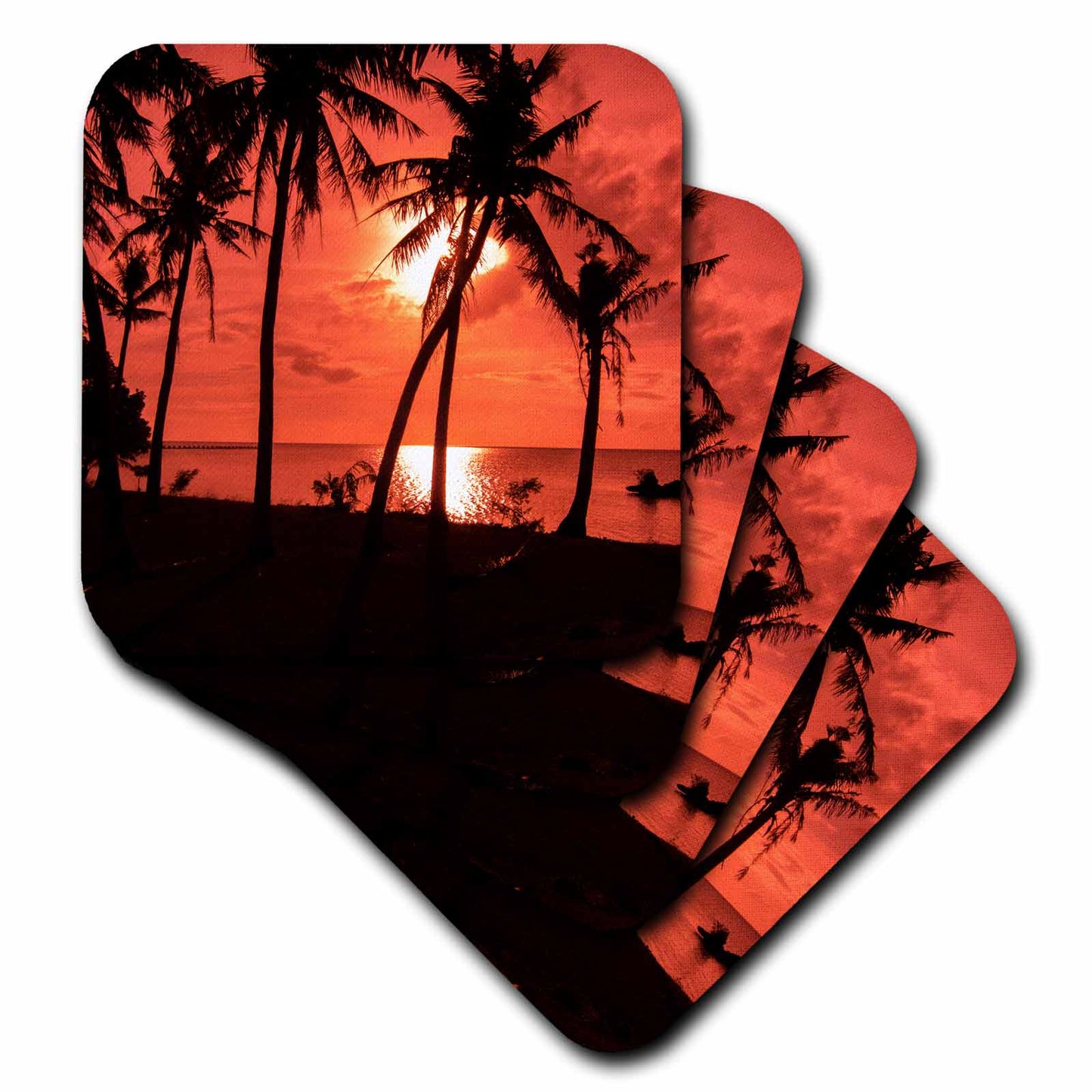 3dRose Danita Delimont - Sunsets - Guam, USA Territory. Sunset with Palms and Ocean and Boats - Coasters