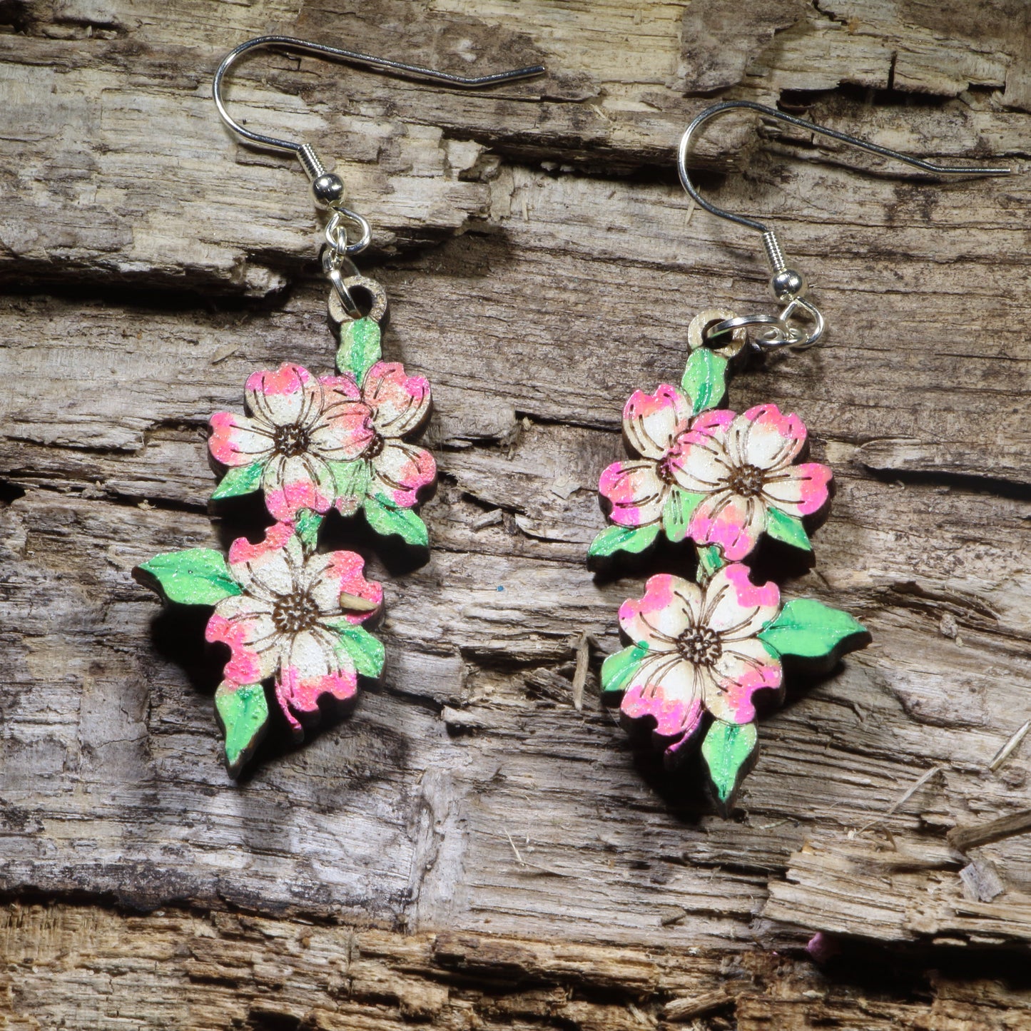 Pink Dogwood Blossom Wooden Dangle Earrings | Floral Nature Jewelry